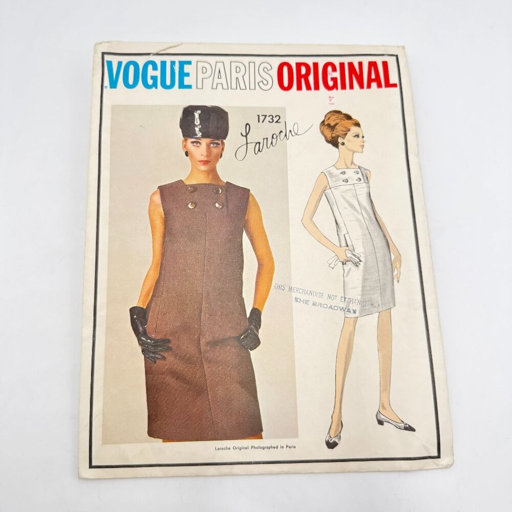 VOGUE PARIS Original w/Label 1960s Laroche Shift Slim Dress Pattern 1732 Size 14